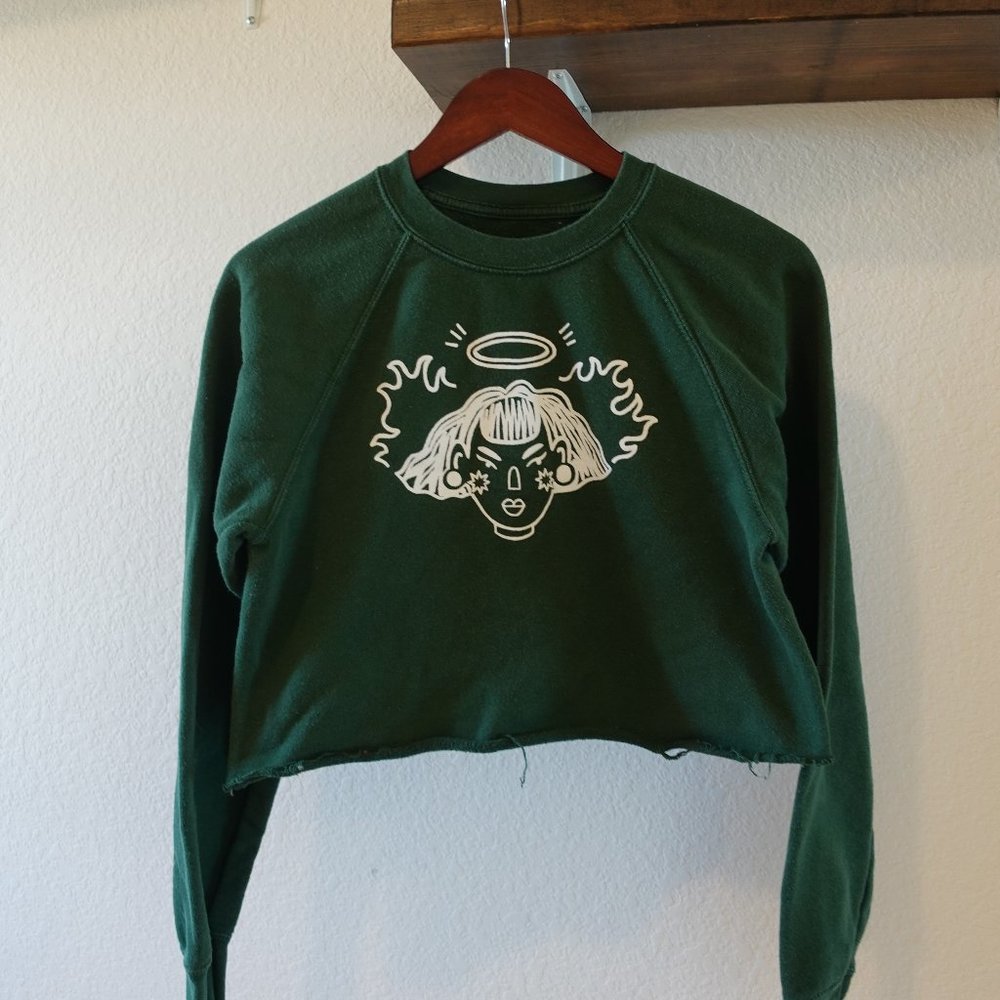 Green Cropped Crew Neck with Angel Illustration